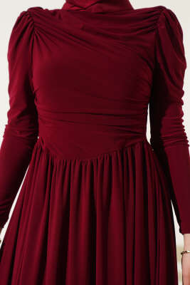 Yanları Büzgülü Sandy Elbise Bordo - Tesettür Elbise