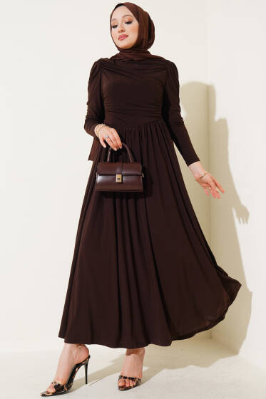 Yanları Büzgülü Sandy Elbise Kahve - Elbise