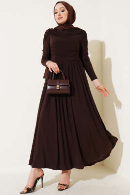 Yanları Büzgülü Sandy Elbise Kahve 