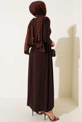 Yanları Büzgülü Sandy Elbise Kahve - Tesettür Elbise
