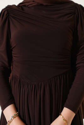 Yanları Büzgülü Sandy Elbise Kahve - Tesettür Elbise