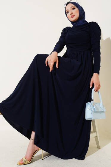 Yanları Büzgülü Sandy Elbise Lacivert - Elbise