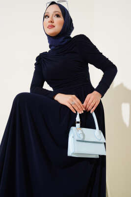 Yanları Büzgülü Sandy Elbise Lacivert - Tesettür Elbise