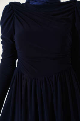 Yanları Büzgülü Sandy Elbise Lacivert - Tesettür Elbise