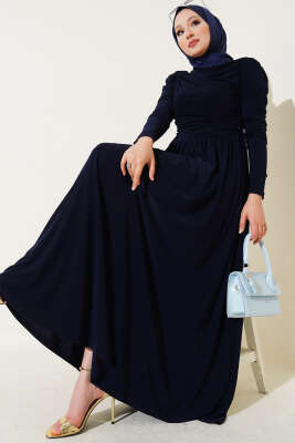 Yanları Büzgülü Sandy Elbise Lacivert 