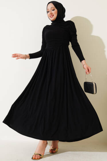 Yanları Büzgülü Sandy Elbise Siyah - Elbise