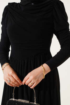 Yanları Büzgülü Sandy Elbise Siyah - Tesettür Elbise