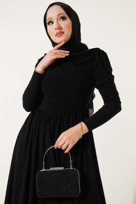 Yanları Büzgülü Sandy Elbise Siyah - Tesettür Elbise