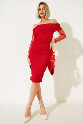 Yanları Büzgülü Tül Midi Elbise Kırmızı - Kadın Giyim Modelleri
