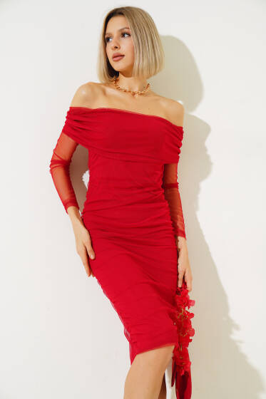 Yanları Büzgülü Tül Midi Elbise Kırmızı - Kadın Giyim Modelleri