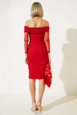 Yanları Büzgülü Tül Midi Elbise Kırmızı - Kadın Giyim Modelleri