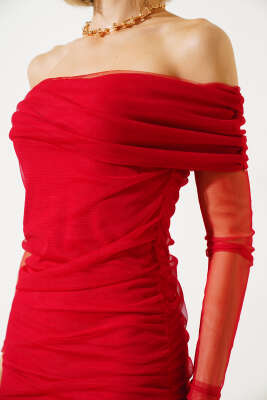 Yanları Büzgülü Tül Midi Elbise Kırmızı - Kadın Giyim Modelleri