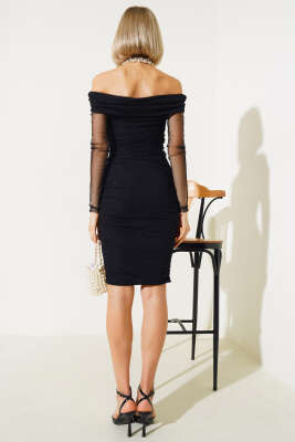 Yanları Büzgülü Tül Midi Elbise Siyah - Kadın Giyim Modelleri