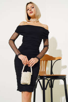 Yanları Büzgülü Tül Midi Elbise Siyah - Kadın Giyim Modelleri