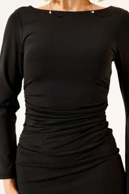 Yanları Büzgülü Uzun Kol Midi Elbise Siyah - Yılın Fırsatı