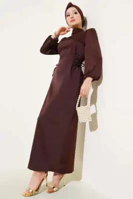 Yanları Çapraz İp Bağlamalı Saten Elbise Acı Kahve 