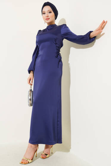 Yanları Çapraz İp Bağlamalı Saten Elbise Lacivert - Elbise