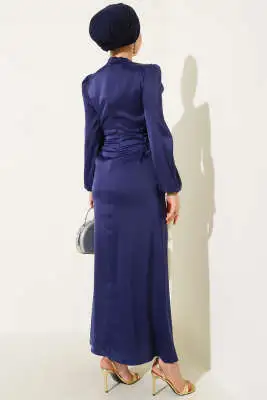 Yanları Çapraz İp Bağlamalı Saten Elbise Lacivert - Tesettür Elbise