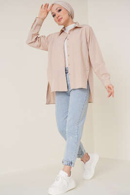 Yanları Çıt Çıt Düğmeli Gömlek Bej - Gömlek