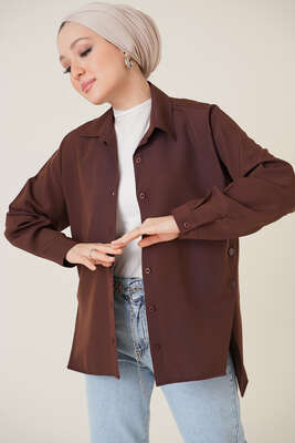 Yanları Çıt Çıt Düğmeli Gömlek Kahve