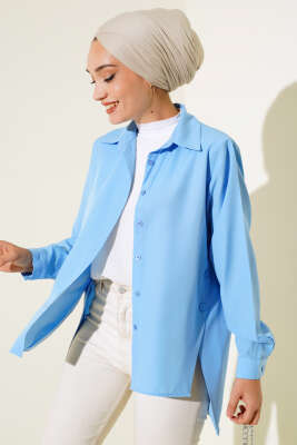 Yanları Çıt Çıt Düğmeli Gömlek Mavi 