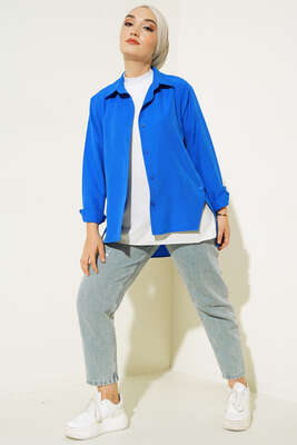 Yanları Çıt Çıt Düğmeli Gömlek Saks - Gömlek