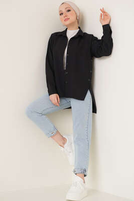 Yanları Çıt Çıt Düğmeli Gömlek Siyah 