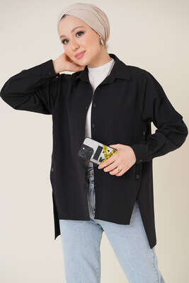 Yanları Çıt Çıt Düğmeli Gömlek Siyah - Gömlek