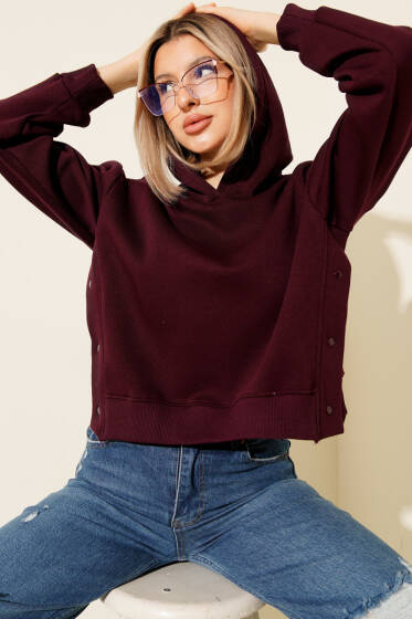 Yanları Çıtçıtlı Şardonlu Sweatshirt Mürdüm - Kadın Giyim Modelleri