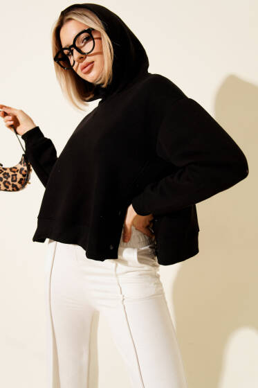 Yanları Çıtçıtlı Şardonlu Sweatshirt Siyah - Kadın Giyim Modelleri