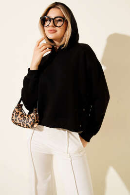 Yanları Çıtçıtlı Şardonlu Sweatshirt Siyah - Kadın Giyim Modelleri