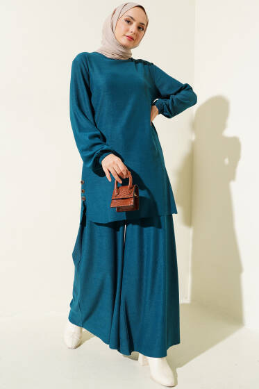 Yanları Düğme Detaylı İkili Takım Petrol - İkili Takım