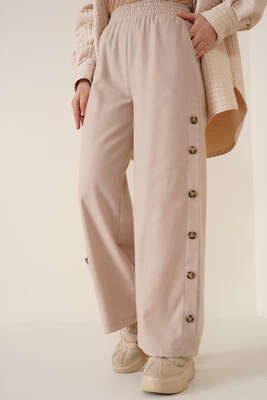 Yanları Düğmeli Beli Lastikli Pantolon Bej - Pantolon