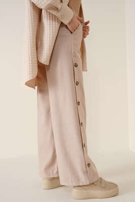 Yanları Düğmeli Beli Lastikli Pantolon Bej - Pantolon