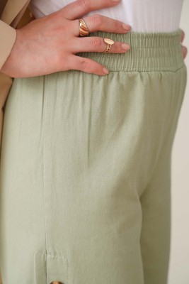 Yanları Düğmeli Bol Paça Çağla Yeşili Pantolon - Kot Pantolon