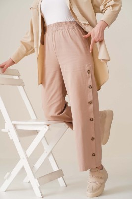 Yanları Düğmeli Bol Paça Camel Pantolon - Kot Pantolon