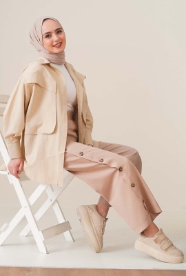Yanları Düğmeli Bol Paça Camel Pantolon - Kot Pantolon
