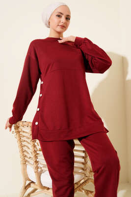 Yanları Düğmeli İki İplik İkili Takım Bordo - İkili Takım