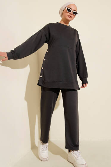 Yanları Düğmeli İki İplik İkili Takım Füme - İkili Takım