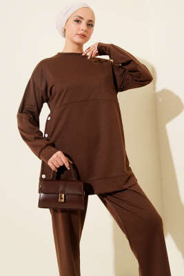 Yanları Düğmeli İki İplik İkili Takım Kahve - İkili Takım