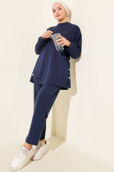 Yanları Düğmeli İki İplik İkili Takım Lacivert - İkili Takım