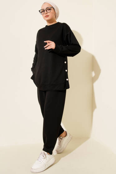 Yanları Düğmeli İki İplik İkili Takım Siyah - İkili Takım
