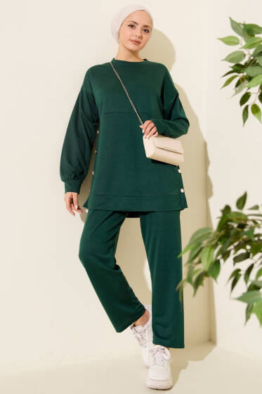 Yanları Düğmeli İki İplik İkili Takım Zümrüt - İkili Takım