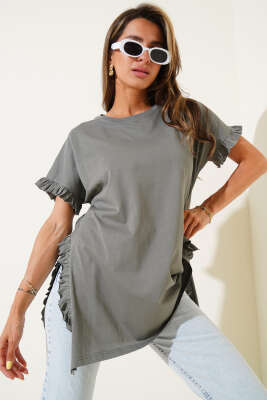 Yanları Fırfırlı T-shirt Füme - Kadın Giyim Modelleri