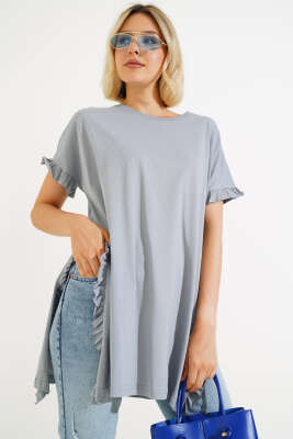 Yanları Fırfırlı T-shirt Gri - Kadın Giyim Modelleri