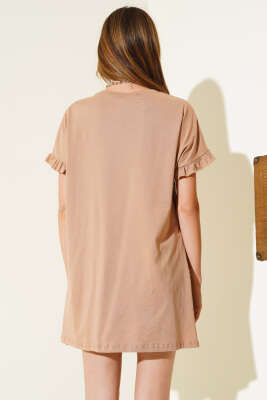 Yanları Fırfırlı T-shirt Latte - Kadın Giyim Modelleri