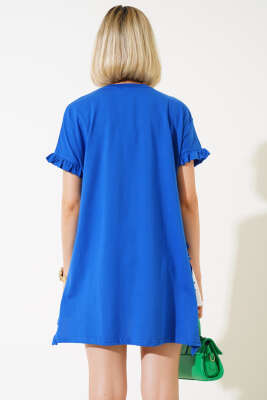 Yanları Fırfırlı T-shirt Saks - Kadın Giyim Modelleri