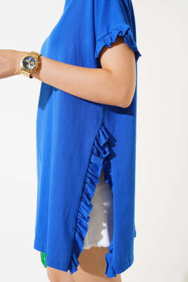 Yanları Fırfırlı T-shirt Saks - Kadın Giyim Modelleri