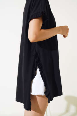 Yanları Fırfırlı T-shirt Siyah - Kadın Giyim Modelleri