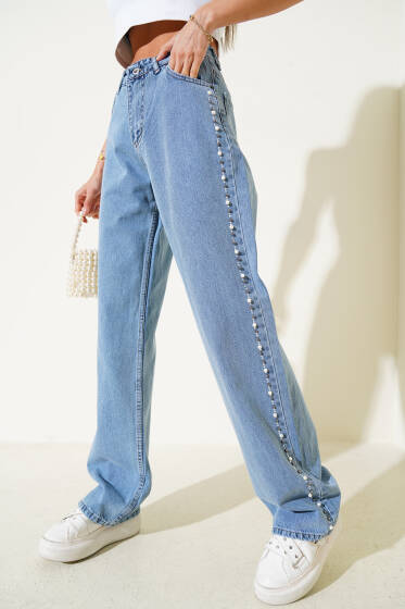 Yanları İncili Geniş Paça Kot Pantolon Mavi - Kadın Giyim Modelleri